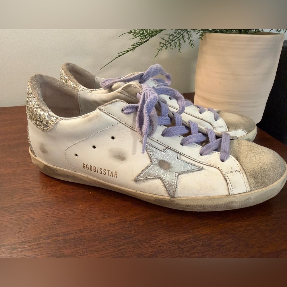 Golden Goose White Sneakers with Glitter Heels Lavender Laces